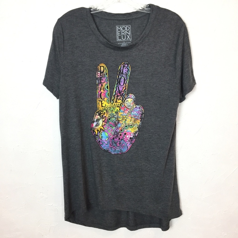 MODERN LUX Peace Love Hand Tee Boho Chic Grey XL
